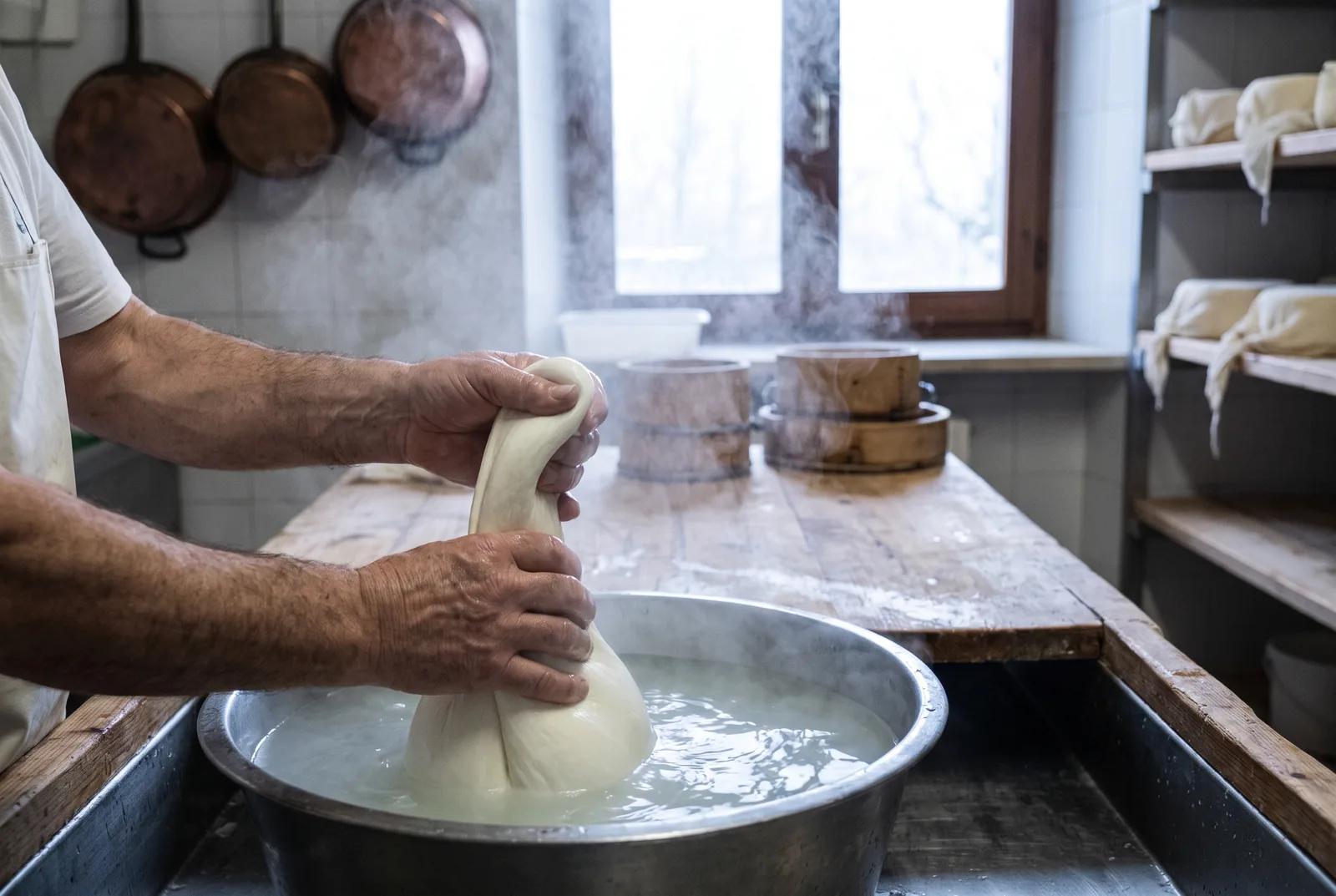 Mani del casaro che filano la pasta filata calda nel caseificio